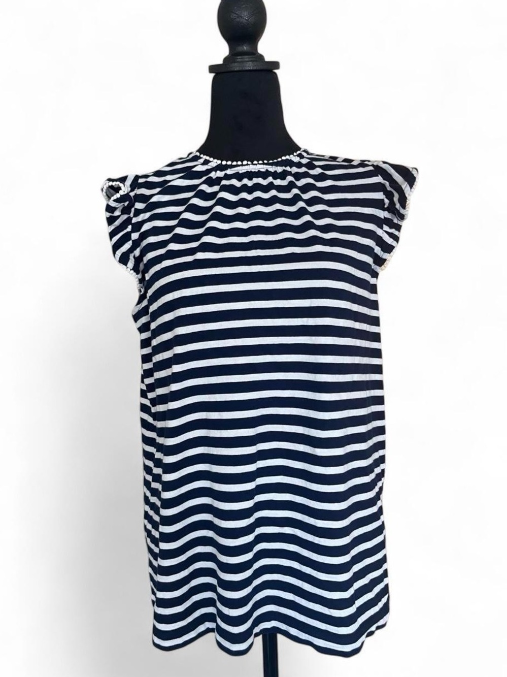 Crown & Ivy Navy Stripe Pom Trim Tunic Top Medium